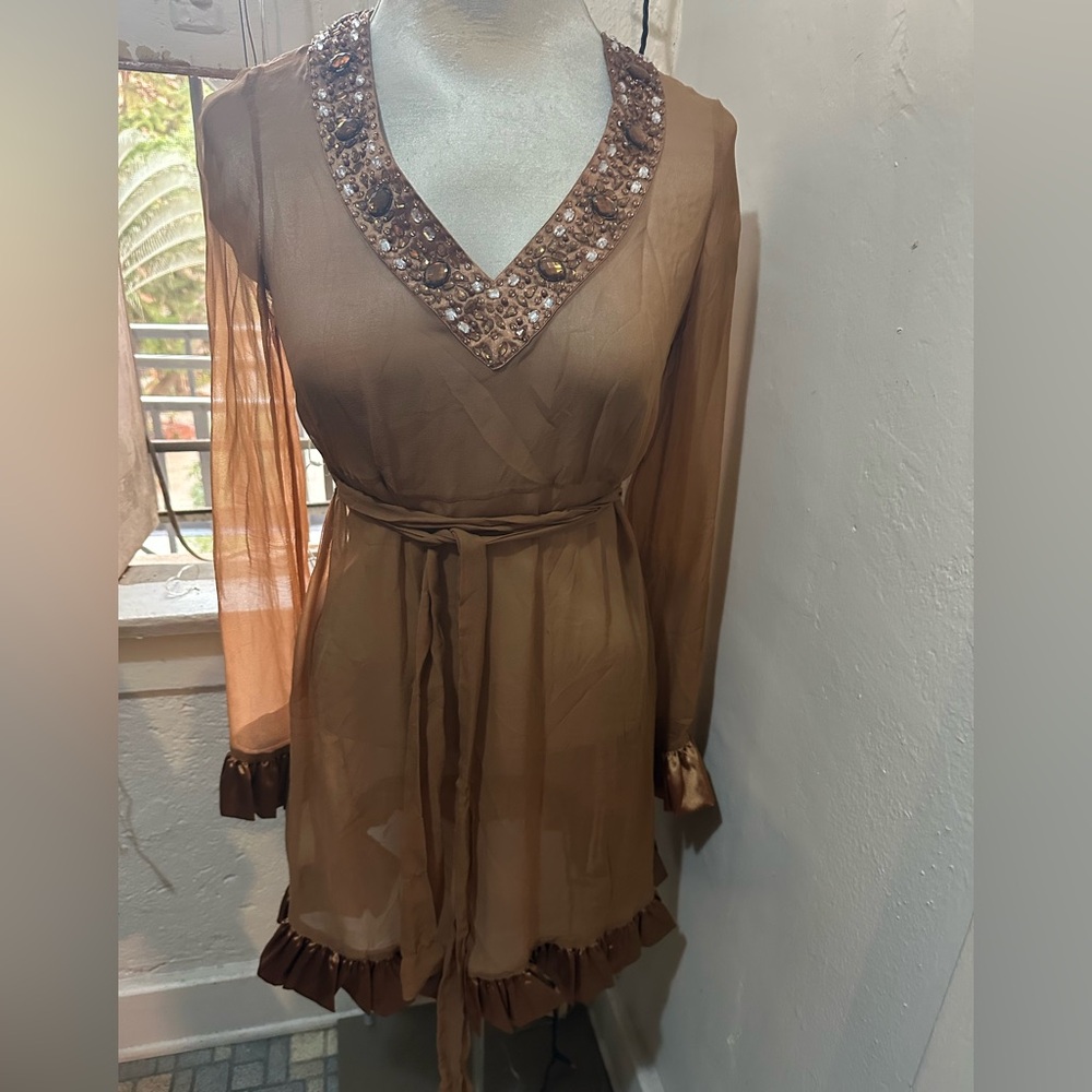 Brown Sheer Long Sleeve Dress with Beaded Neckline with gold satin under dress